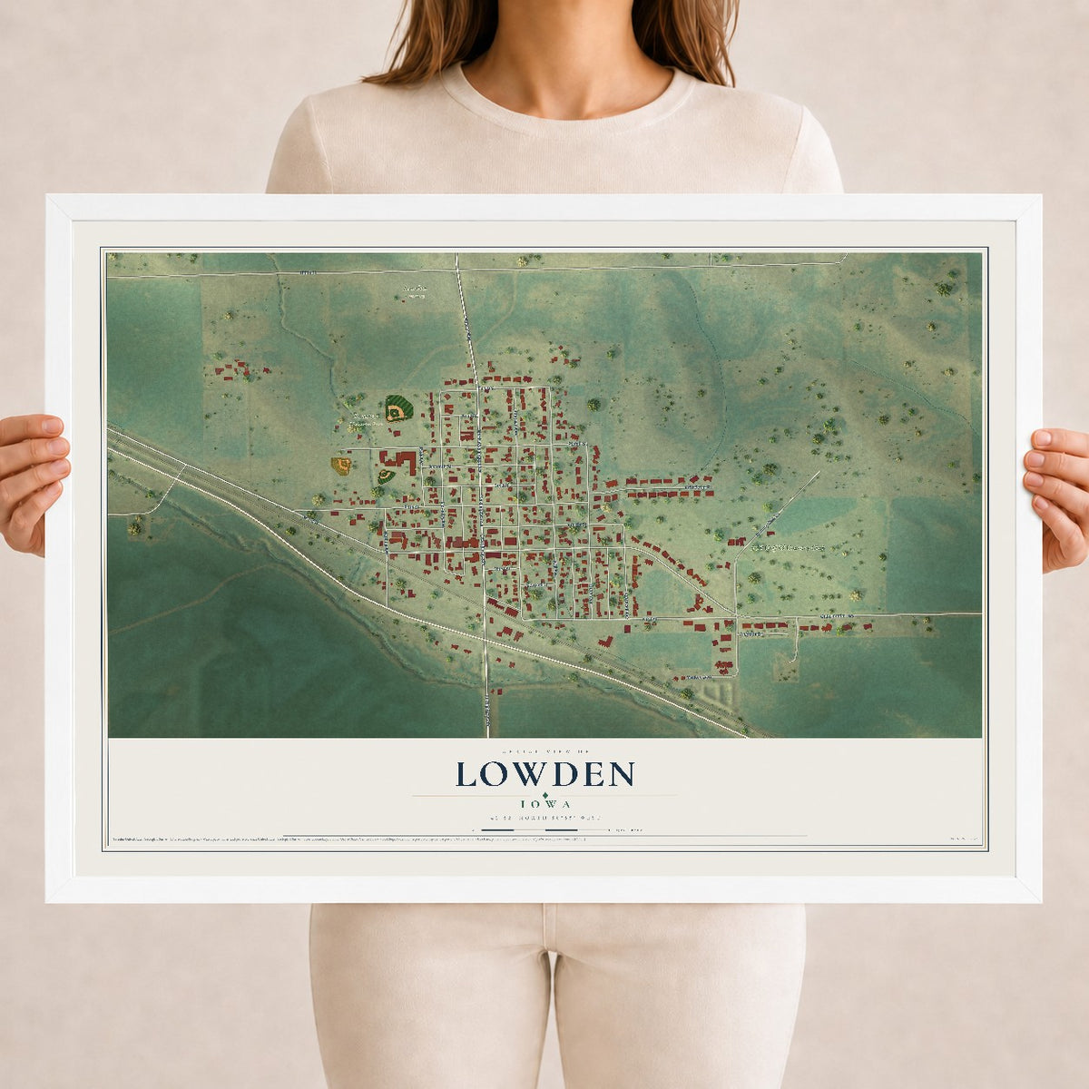 Map of Lowden, Iowa, 18 x 24 inch print in a white wood frame