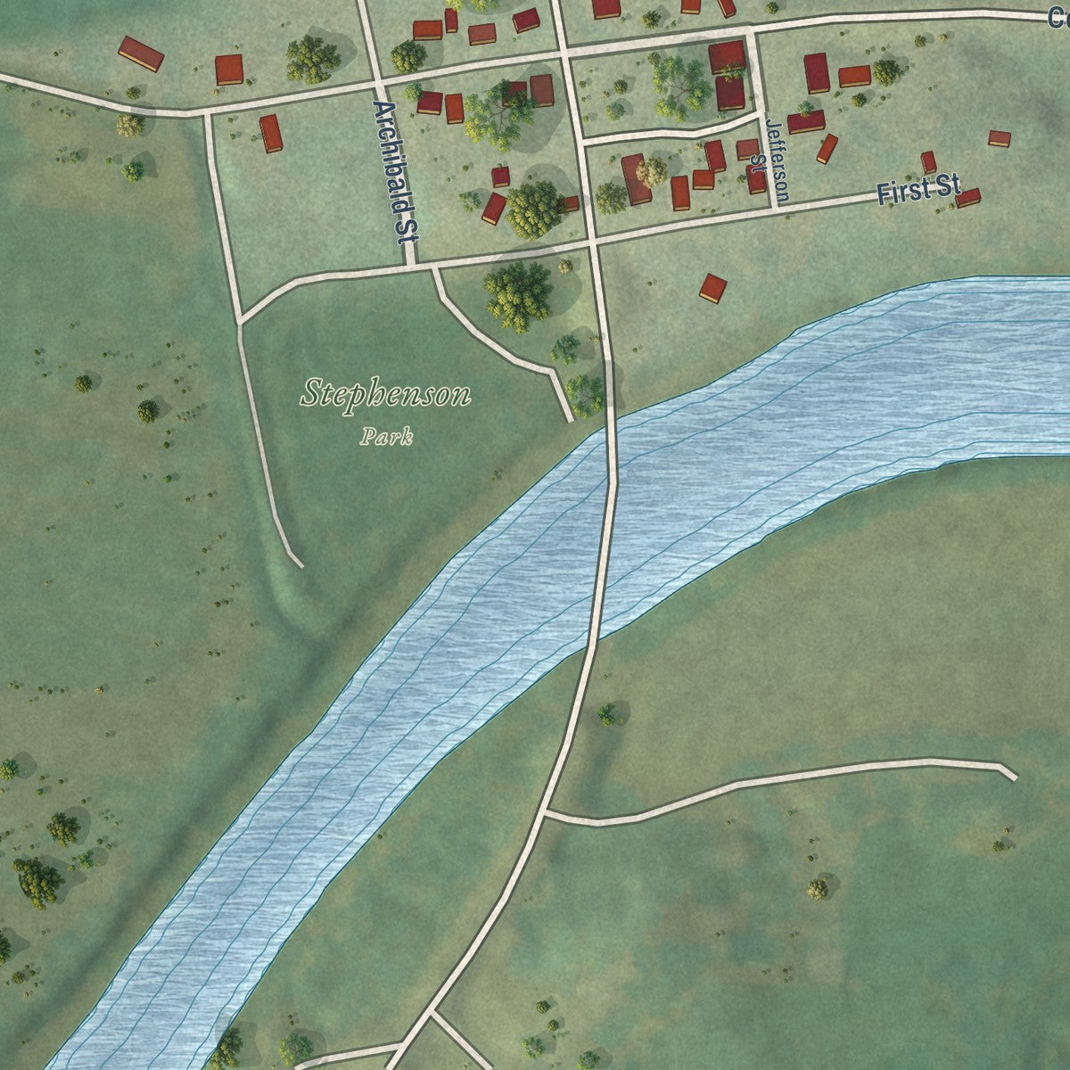 Close-up of the map of Lowell, Iowa print showing street and building detail