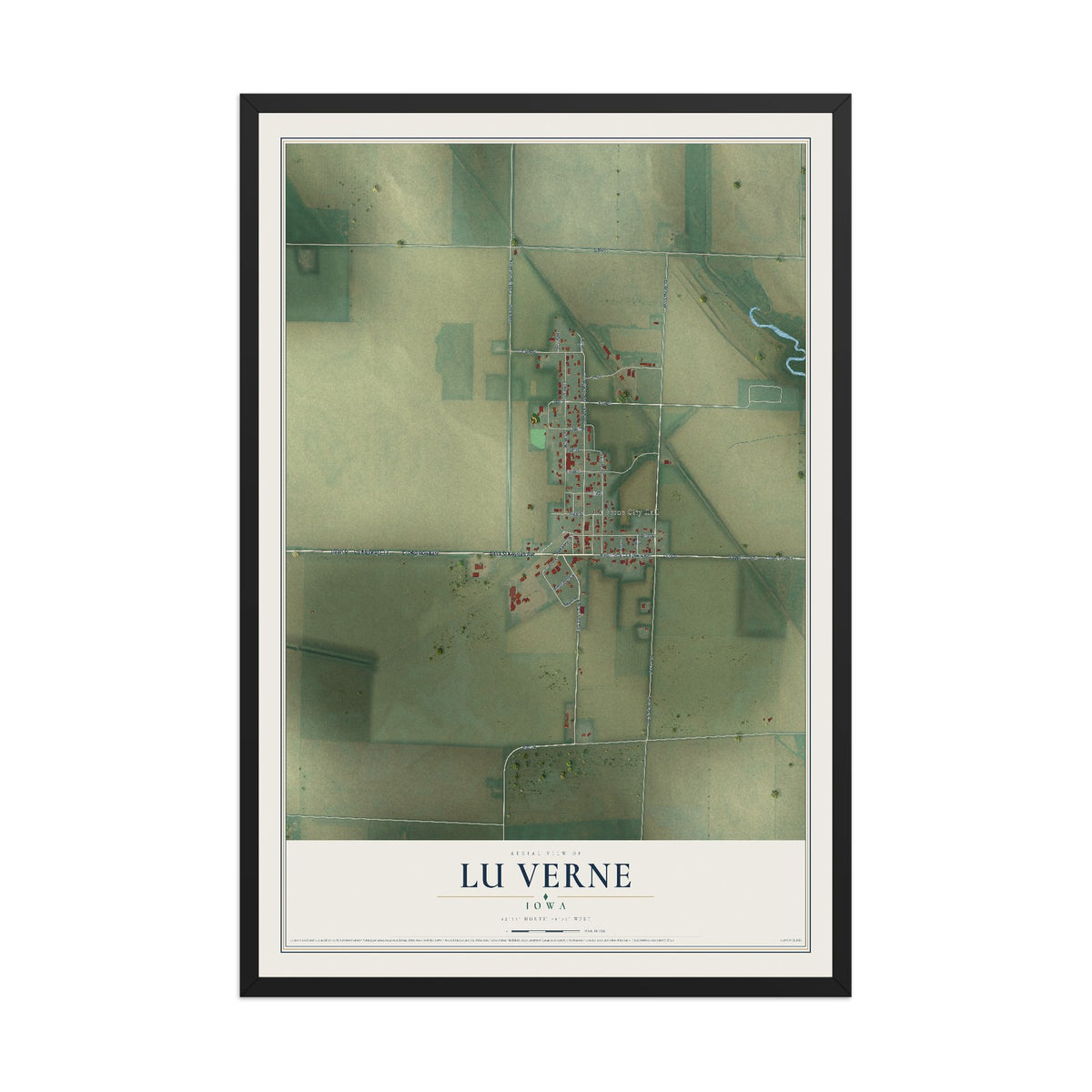 Map of Lu Verne, Iowa, 12 x 18 inch print in a black wood frame