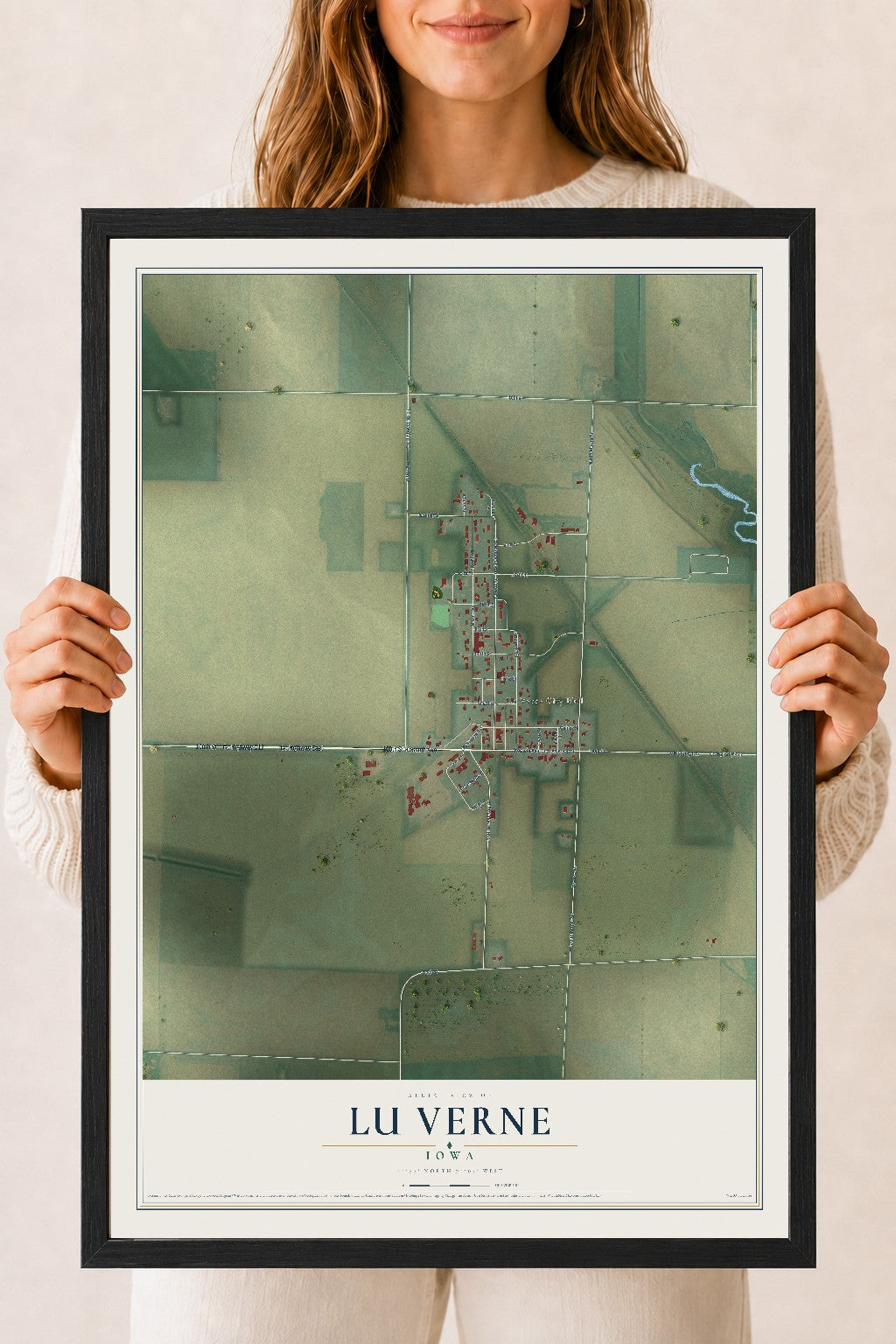 Map of Lu Verne, Iowa, 18 x 24 inch print in a black wood frame