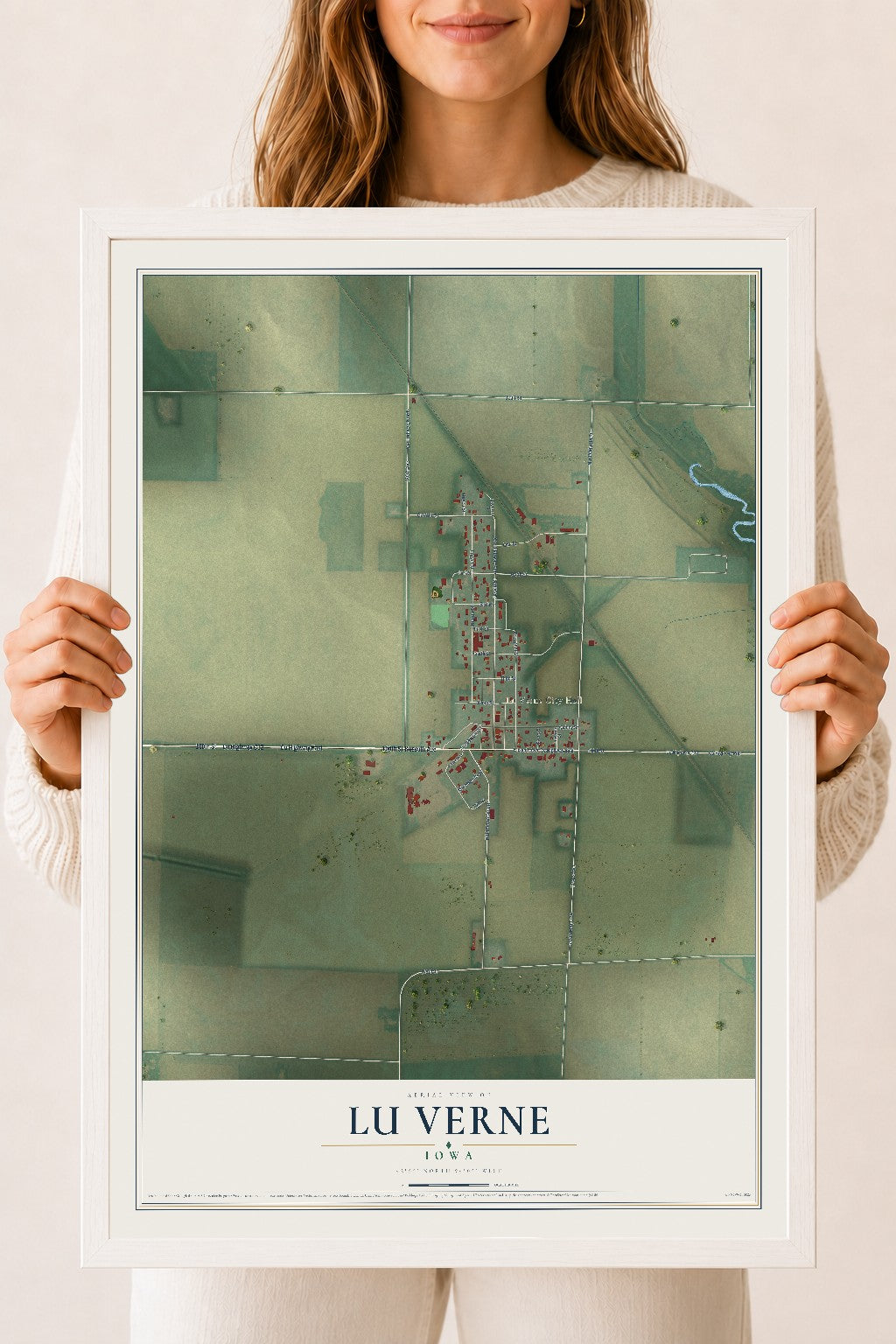 Map of Lu Verne, Iowa, 18 x 24 inch print in a white wood frame