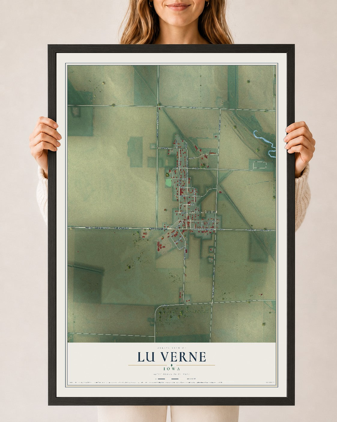 Map of Lu Verne, Iowa, 24 x 36 inch print in a black wood frame