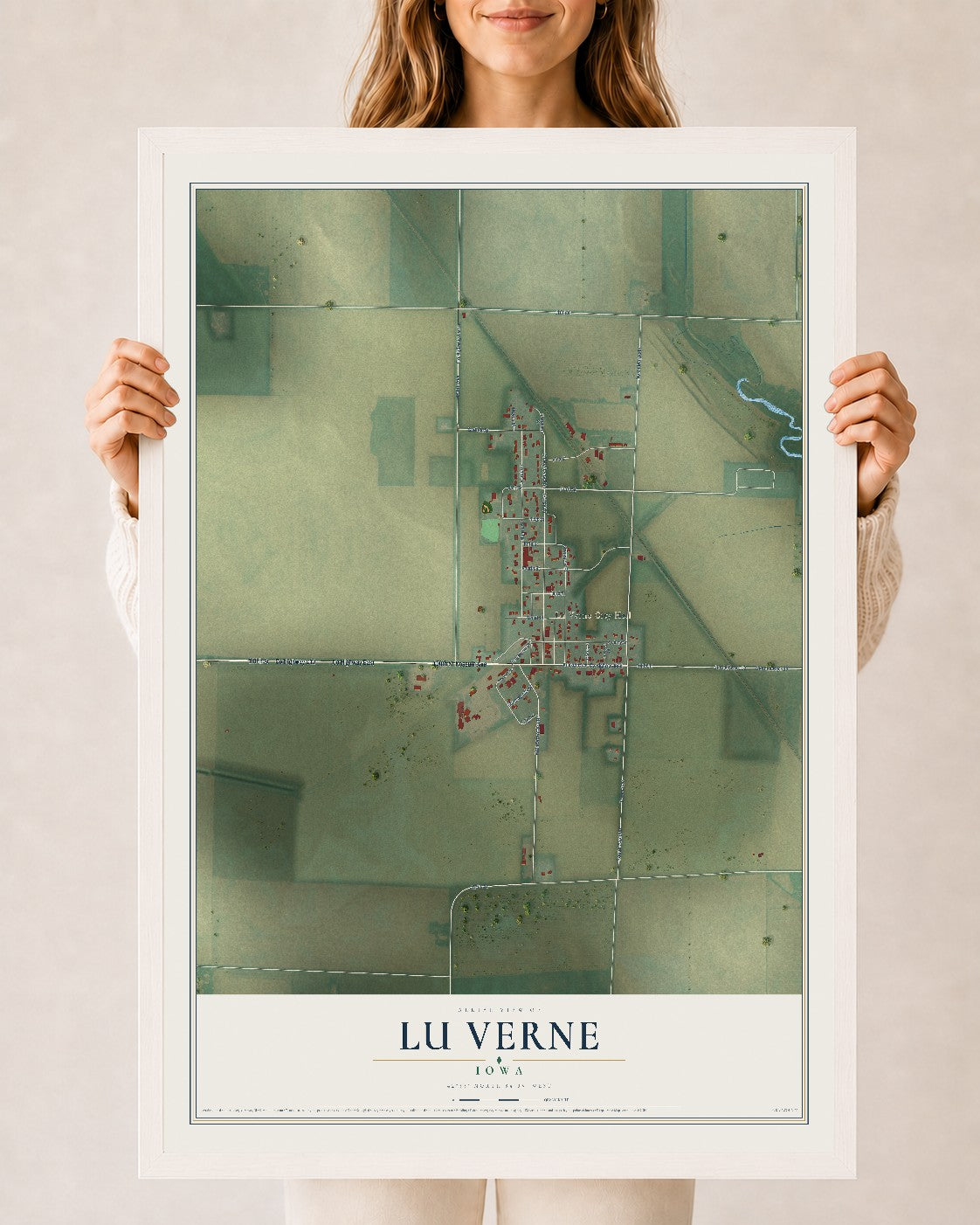 Map of Lu Verne, Iowa, 24 x 36 inch print in a white wood frame