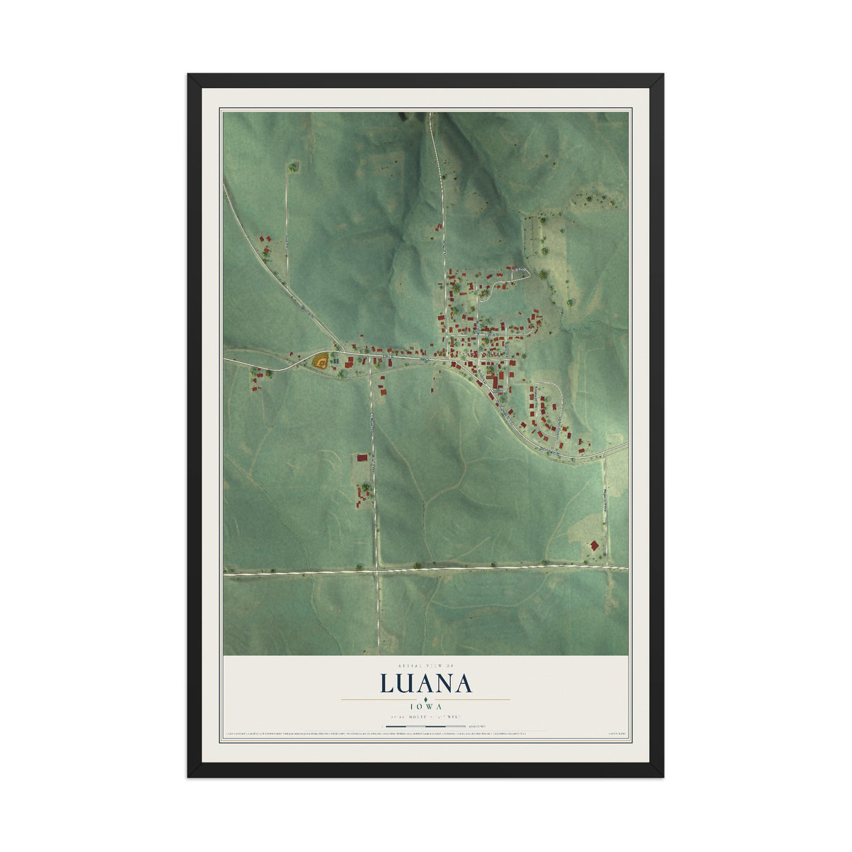 Map of Luana, Iowa, 12 x 18 inch print in a black wood frame