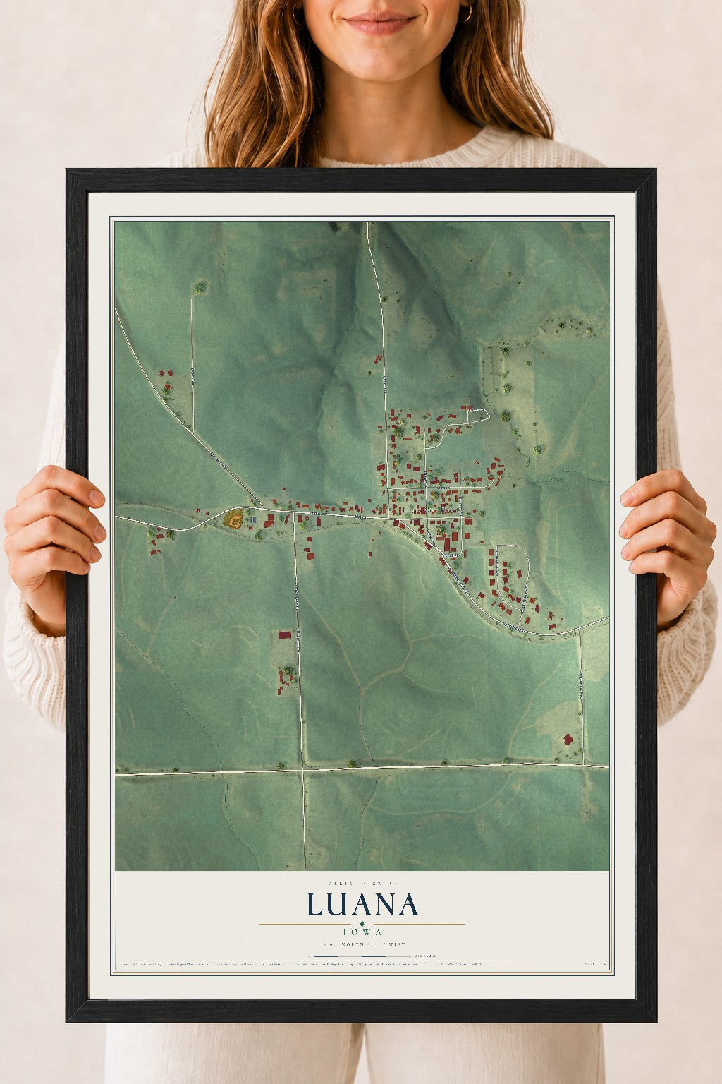 Map of Luana, Iowa, 18 x 24 inch print in a black wood frame