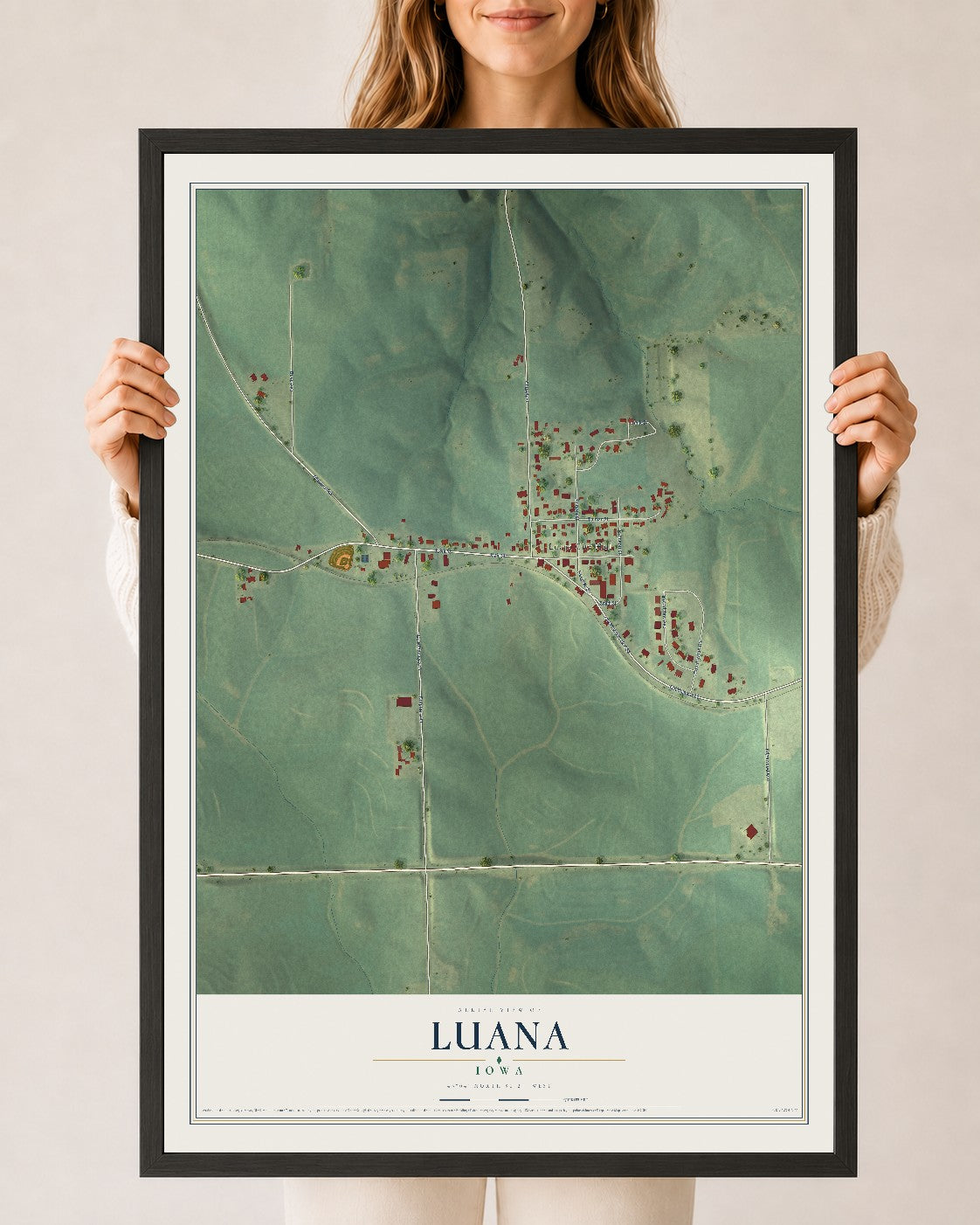 Map of Luana, Iowa, 24 x 36 inch print in a black wood frame