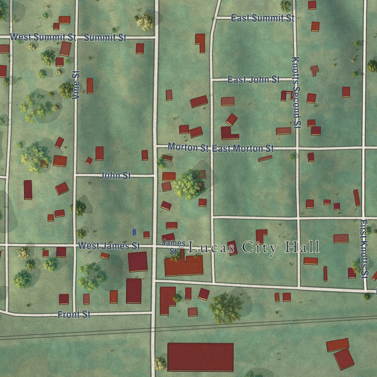 Close-up of the map of Lucas, Iowa print showing street and building detail