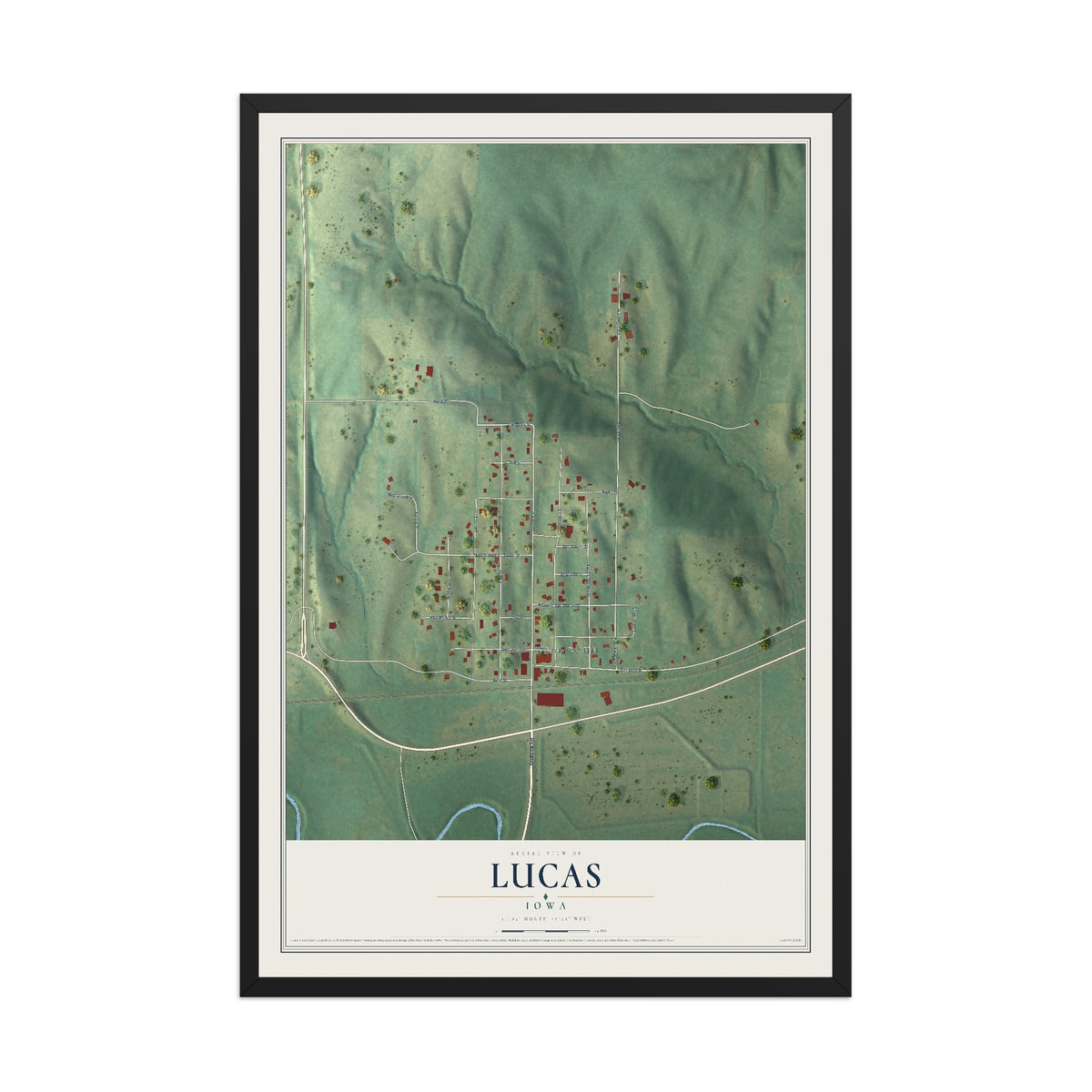 Map of Lucas, Iowa, 12 x 18 inch print in a black wood frame