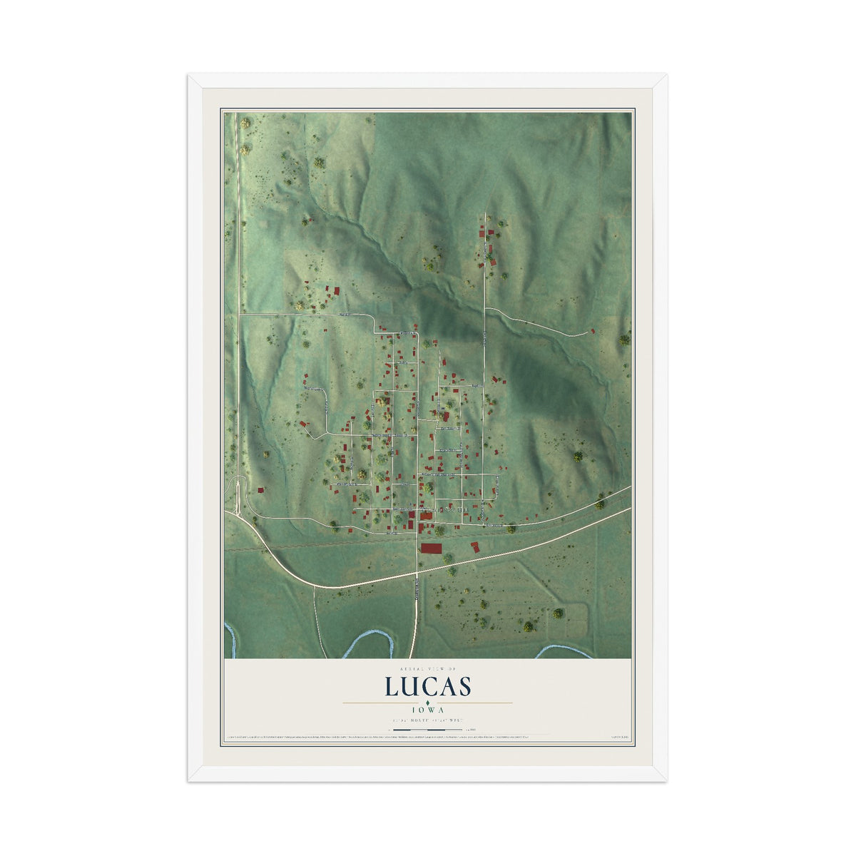 Map of Lucas, Iowa, 12 x 18 inch print in a white wood frame