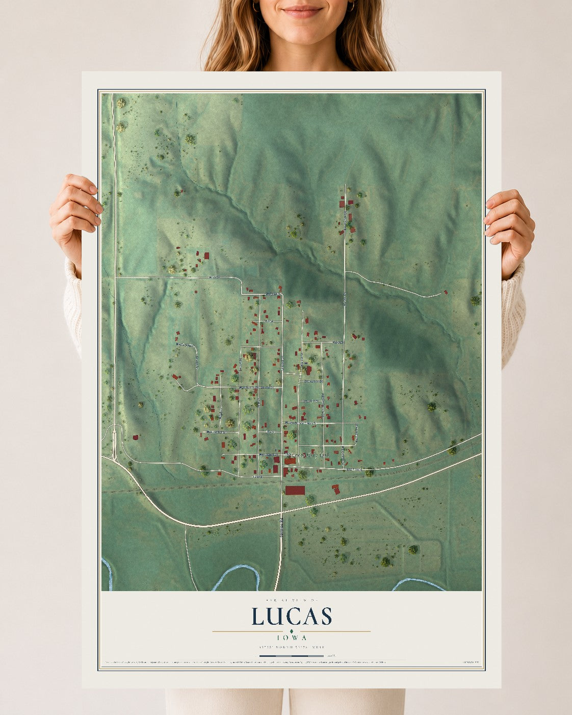 Map of Lucas, Iowa, 24 x 36 inch unframed archival matte print