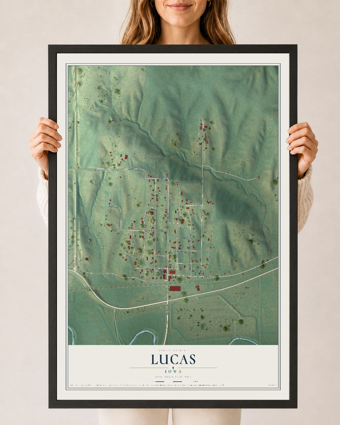 Map of Lucas, Iowa, 24 x 36 inch print in a black wood frame