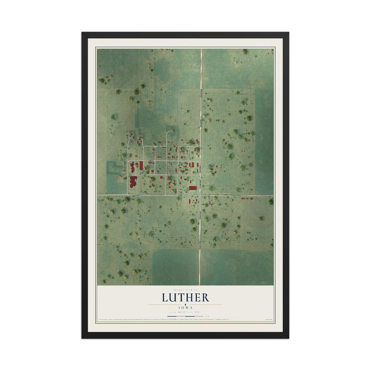Map of Luther, Iowa, 12 x 18 inch print in a black wood frame