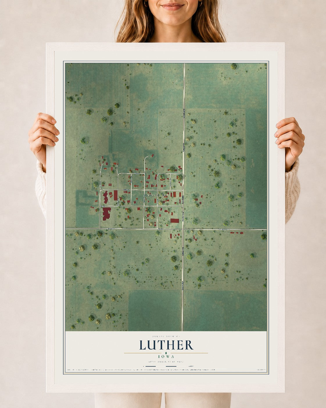 Map of Luther, Iowa, 24 x 36 inch print in a white wood frame