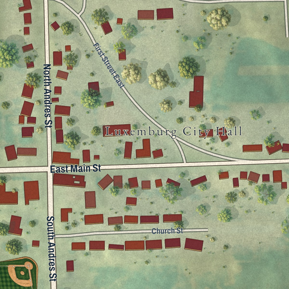 Close-up of the map of Luxemburg, Iowa print showing street and building detail