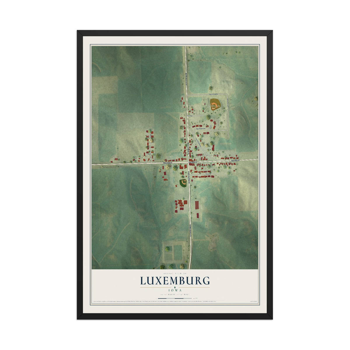Map of Luxemburg, Iowa, 12 x 18 inch print in a black wood frame