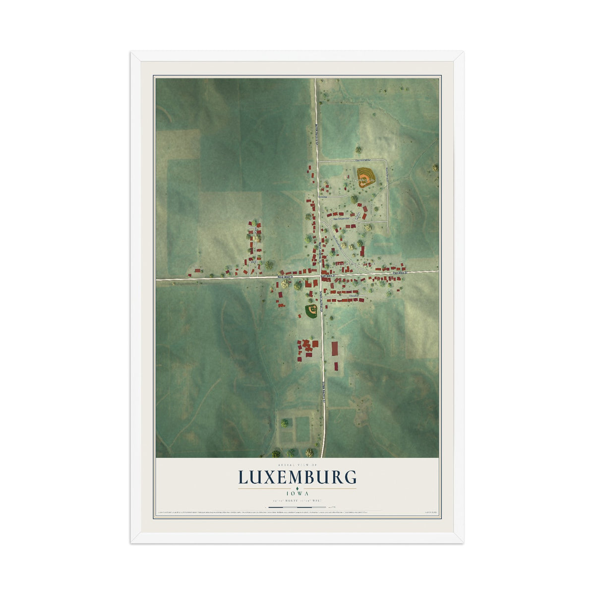 Map of Luxemburg, Iowa, 12 x 18 inch print in a white wood frame