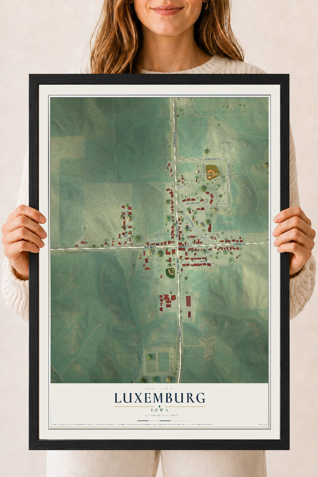 Map of Luxemburg, Iowa, 18 x 24 inch print in a black wood frame