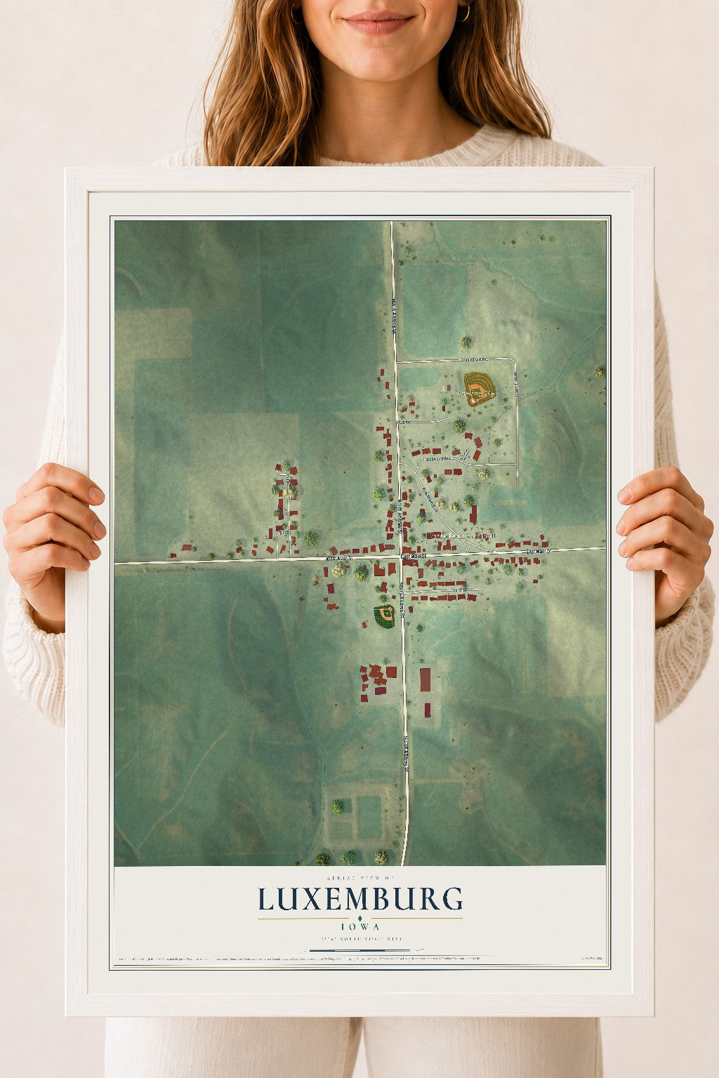 Map of Luxemburg, Iowa, 18 x 24 inch print in a white wood frame