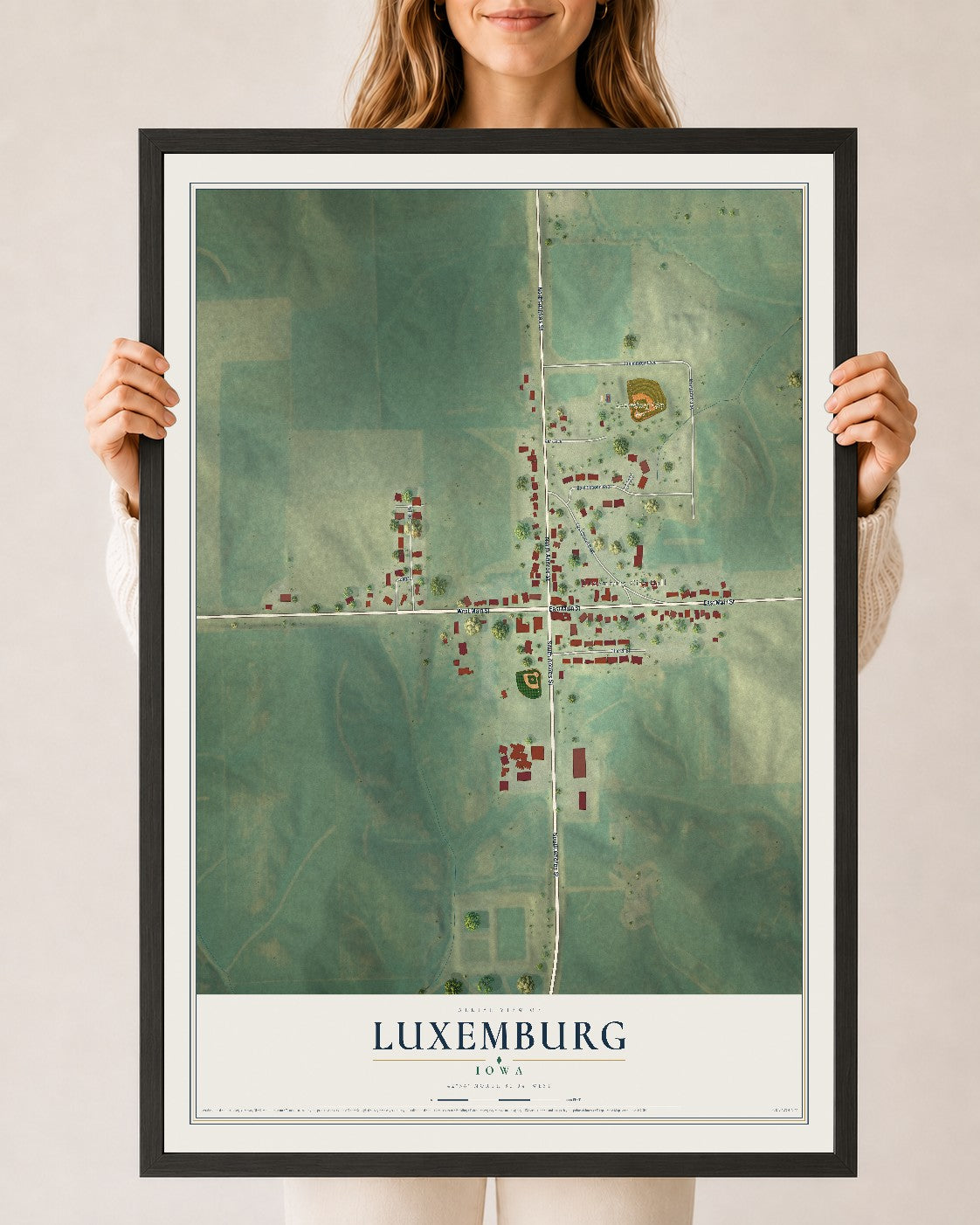 Map of Luxemburg, Iowa, 24 x 36 inch print in a black wood frame