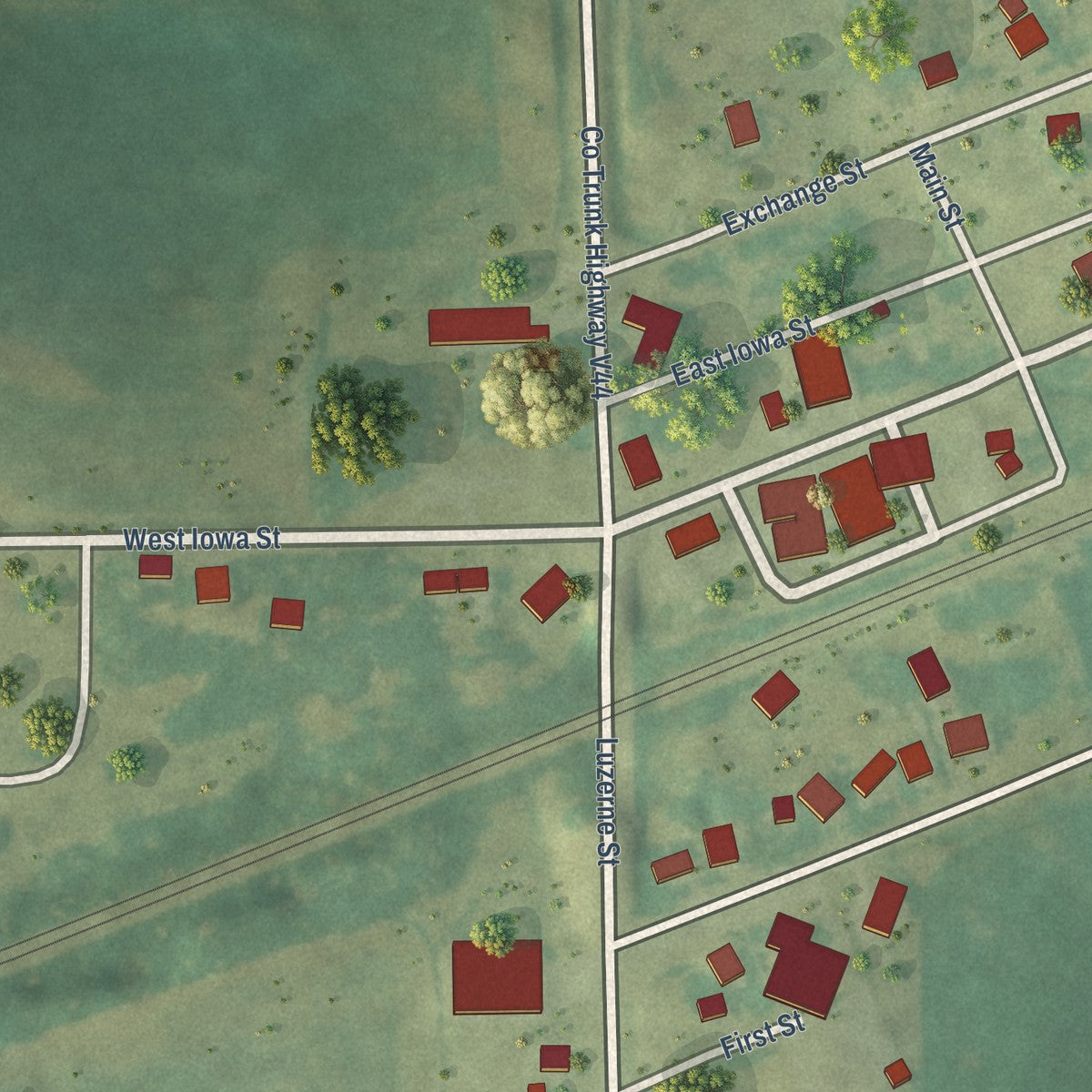 Close-up of the map of Luzerne, Iowa print showing street and building detail