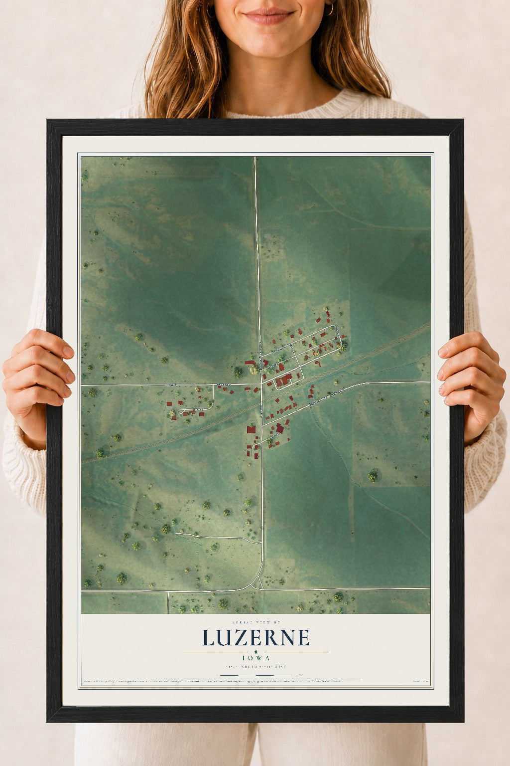 Map of Luzerne, Iowa, 18 x 24 inch print in a black wood frame