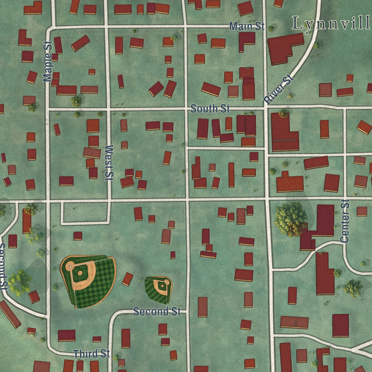 Close-up of the map of Lynnville, Iowa print showing street and building detail