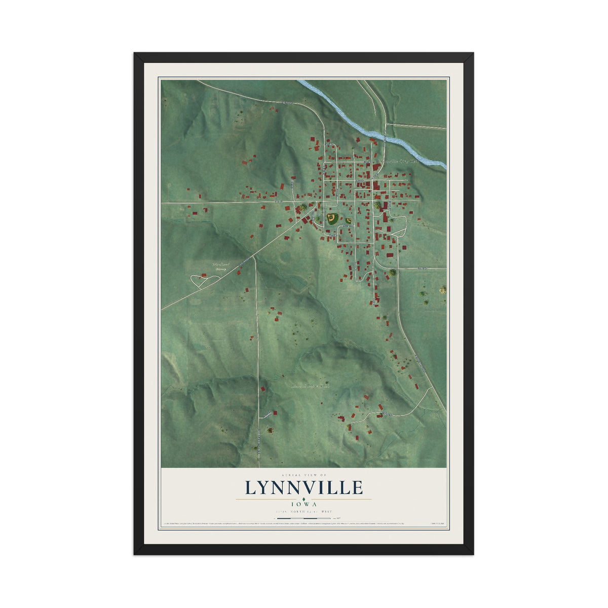 Map of Lynnville, Iowa, 12 x 18 inch print in a black wood frame