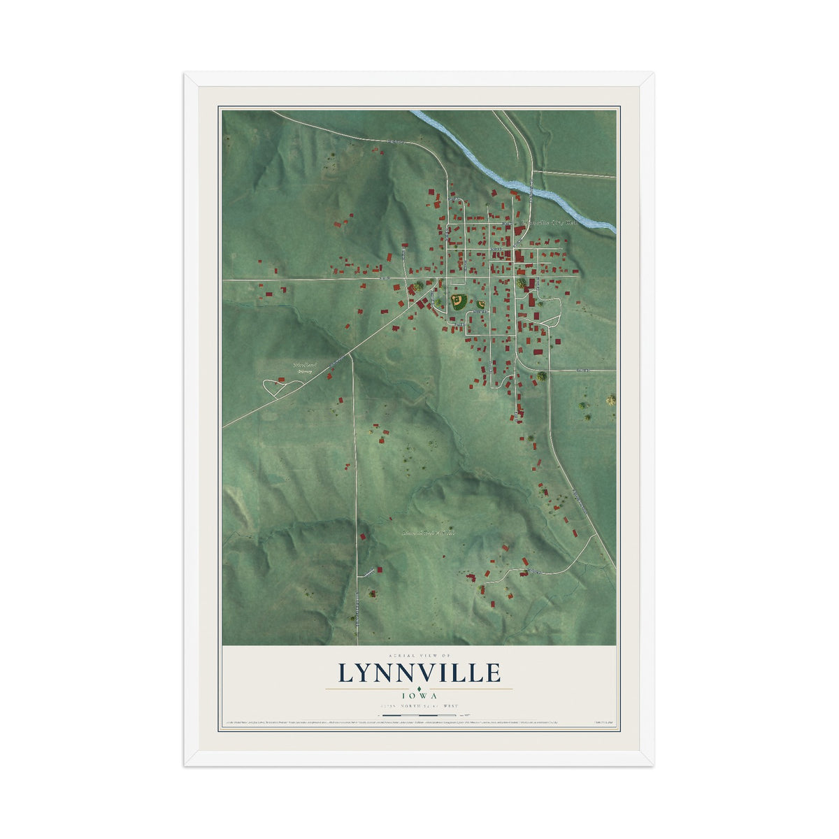 Map of Lynnville, Iowa, 12 x 18 inch print in a white wood frame