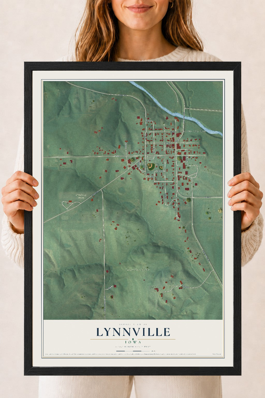 Map of Lynnville, Iowa, 18 x 24 inch print in a black wood frame