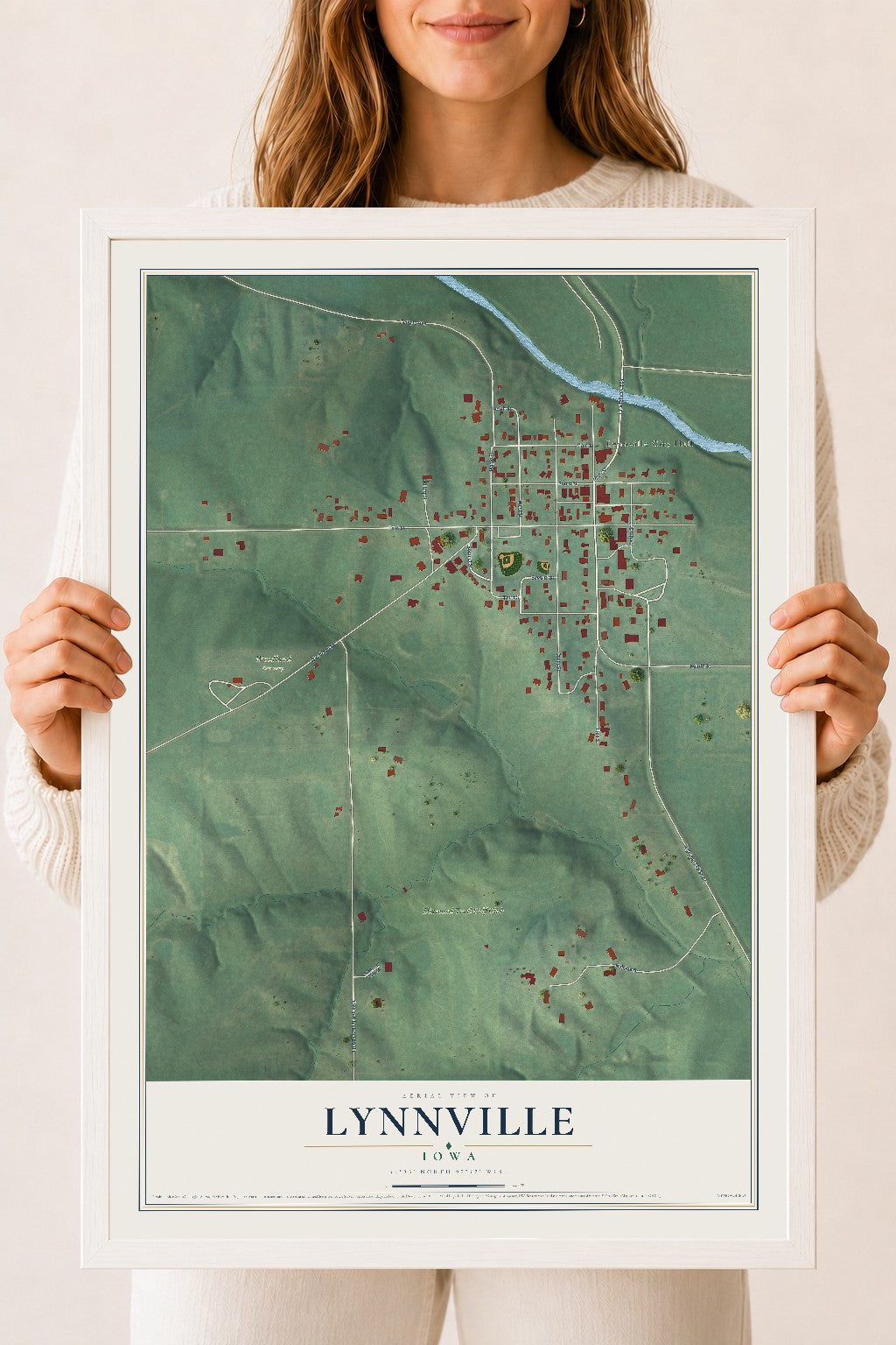 Map of Lynnville, Iowa, 18 x 24 inch print in a white wood frame