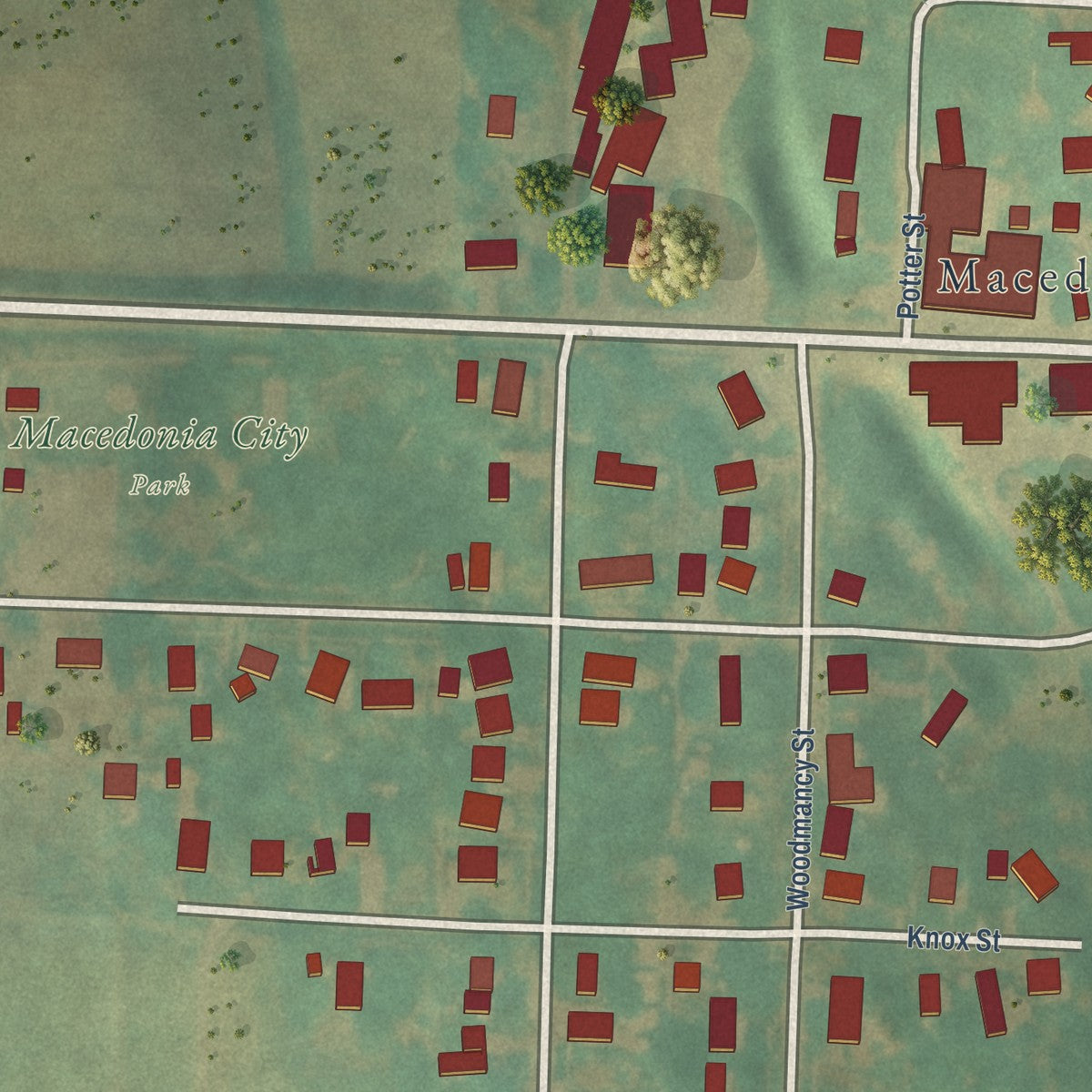 Close-up of the map of Macedonia, Iowa print showing street and building detail