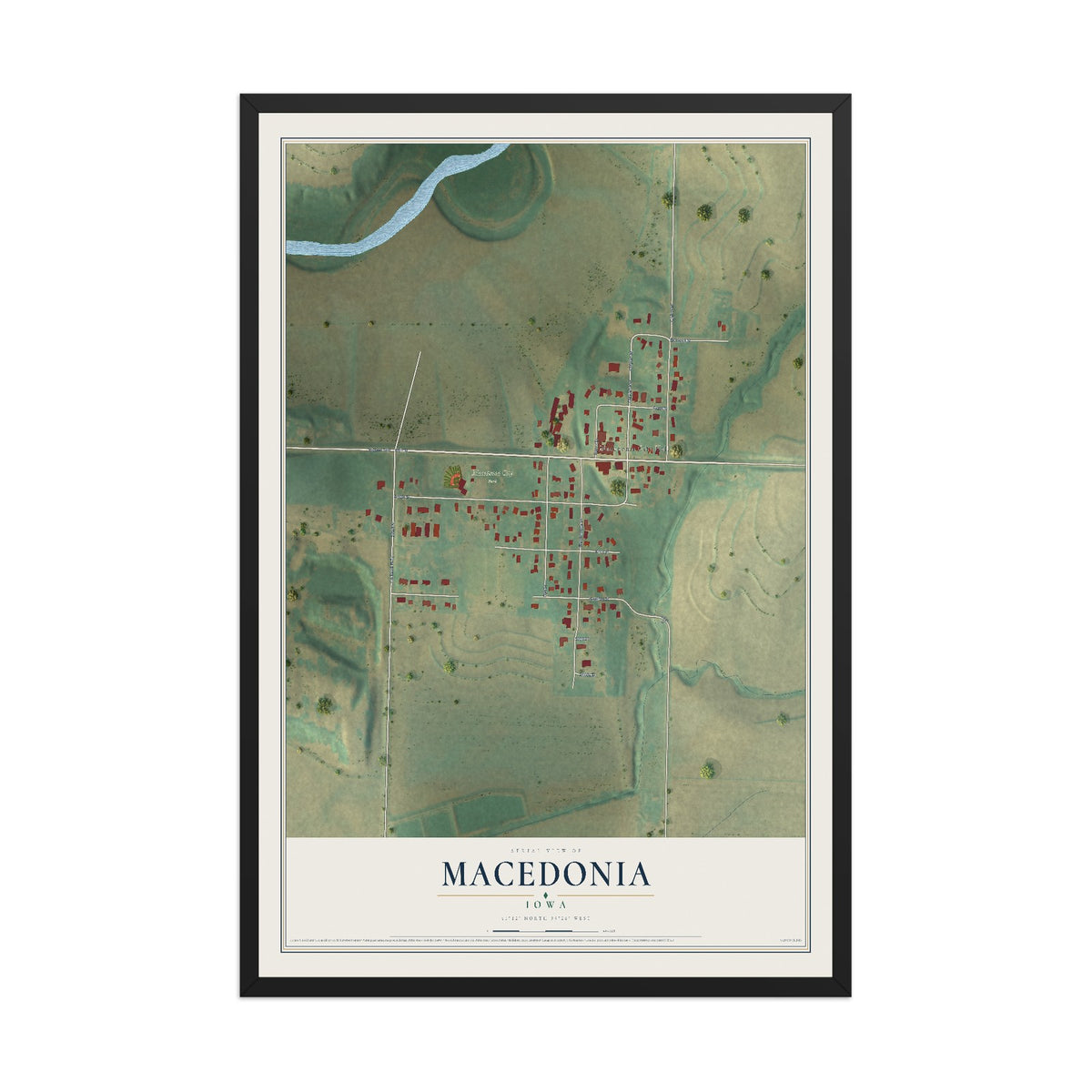 Map of Macedonia, Iowa, 12 x 18 inch print in a black wood frame