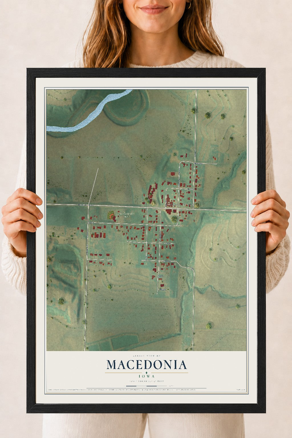 Map of Macedonia, Iowa, 18 x 24 inch print in a black wood frame