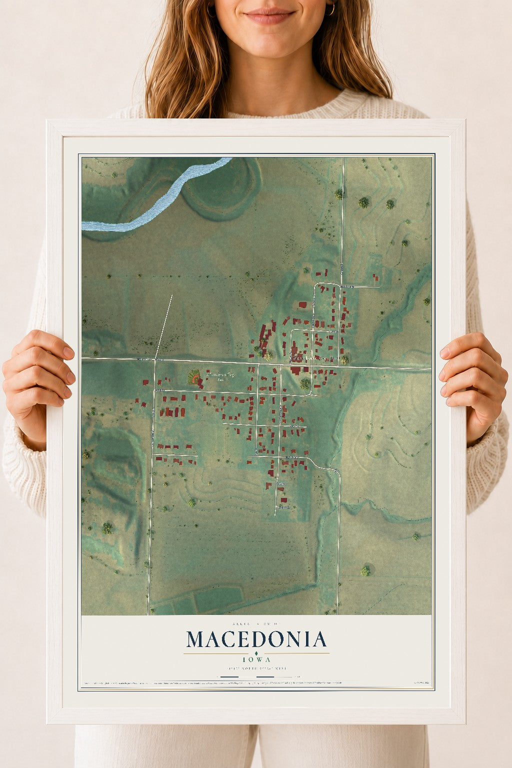 Map of Macedonia, Iowa, 18 x 24 inch print in a white wood frame