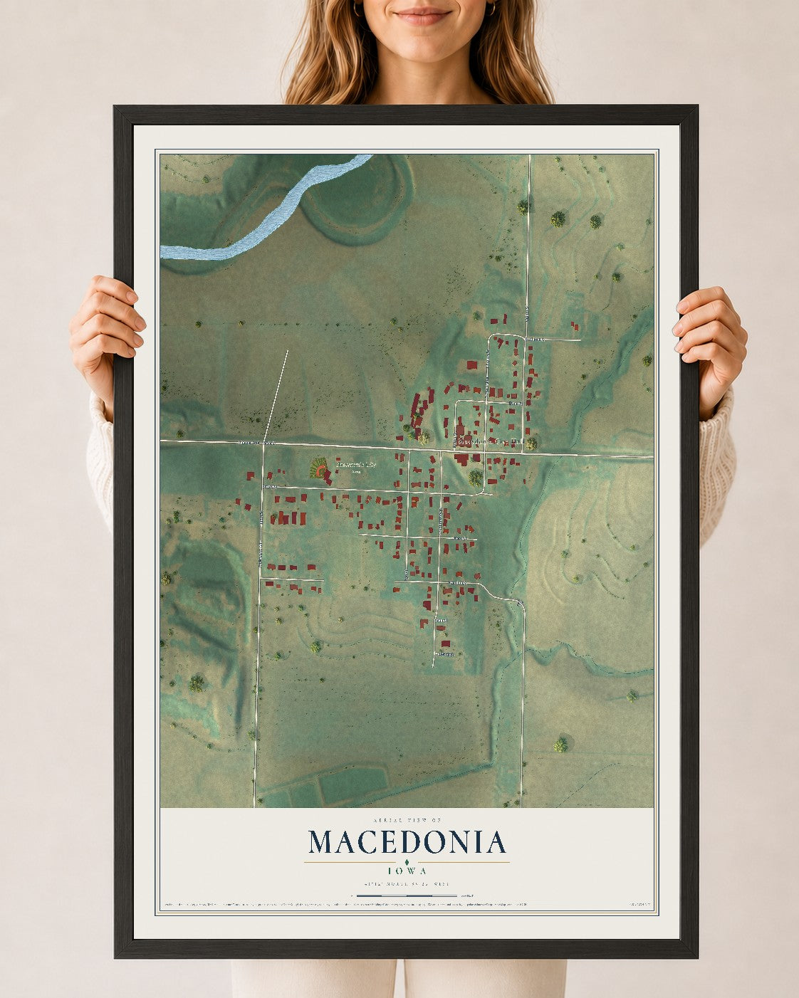 Map of Macedonia, Iowa, 24 x 36 inch print in a black wood frame
