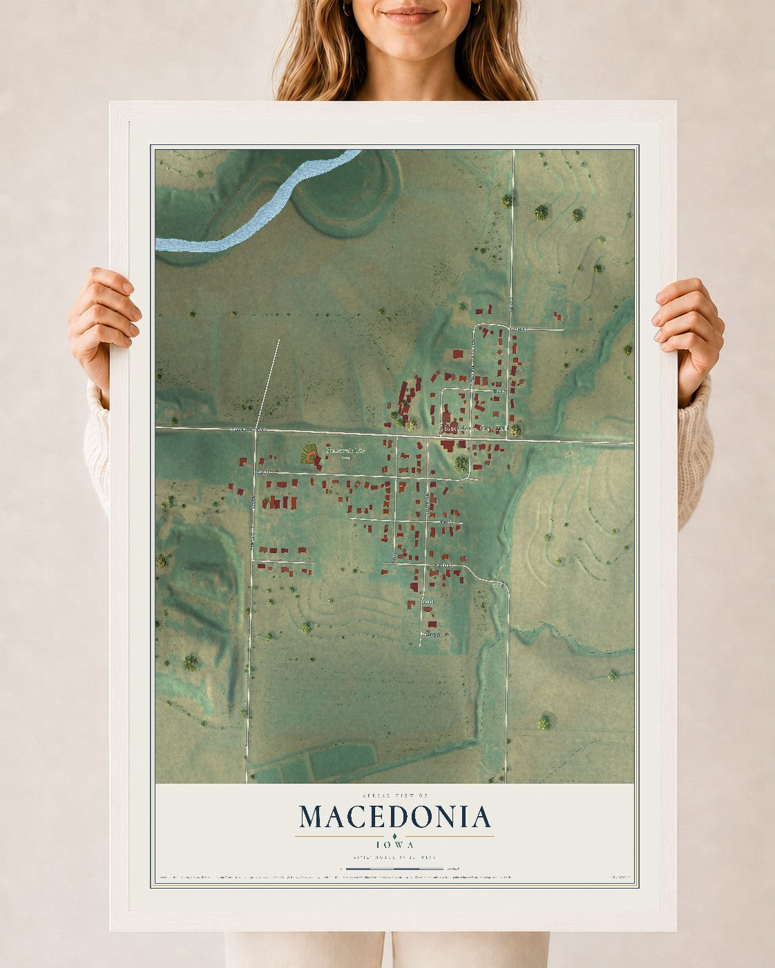 Map of Macedonia, Iowa, 24 x 36 inch print in a white wood frame