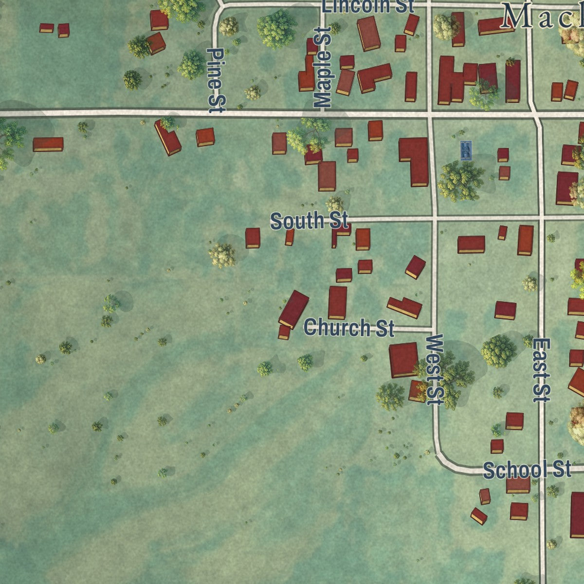 Close-up of the map of Macksburg, Iowa print showing street and building detail