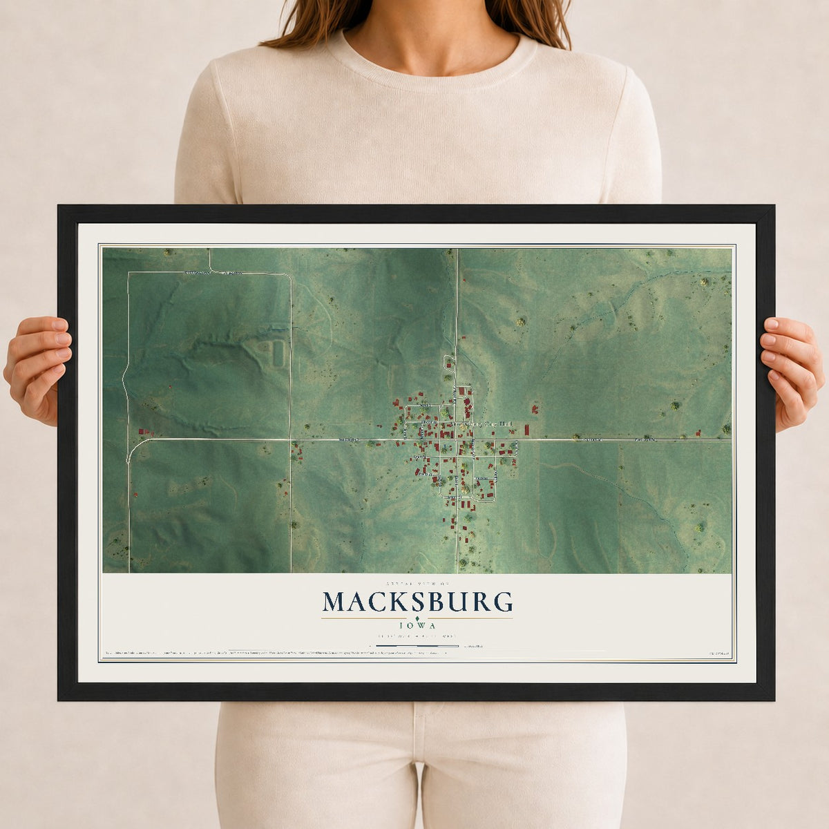 Map of Macksburg, Iowa, 12 x 18 inch print in a black wood frame