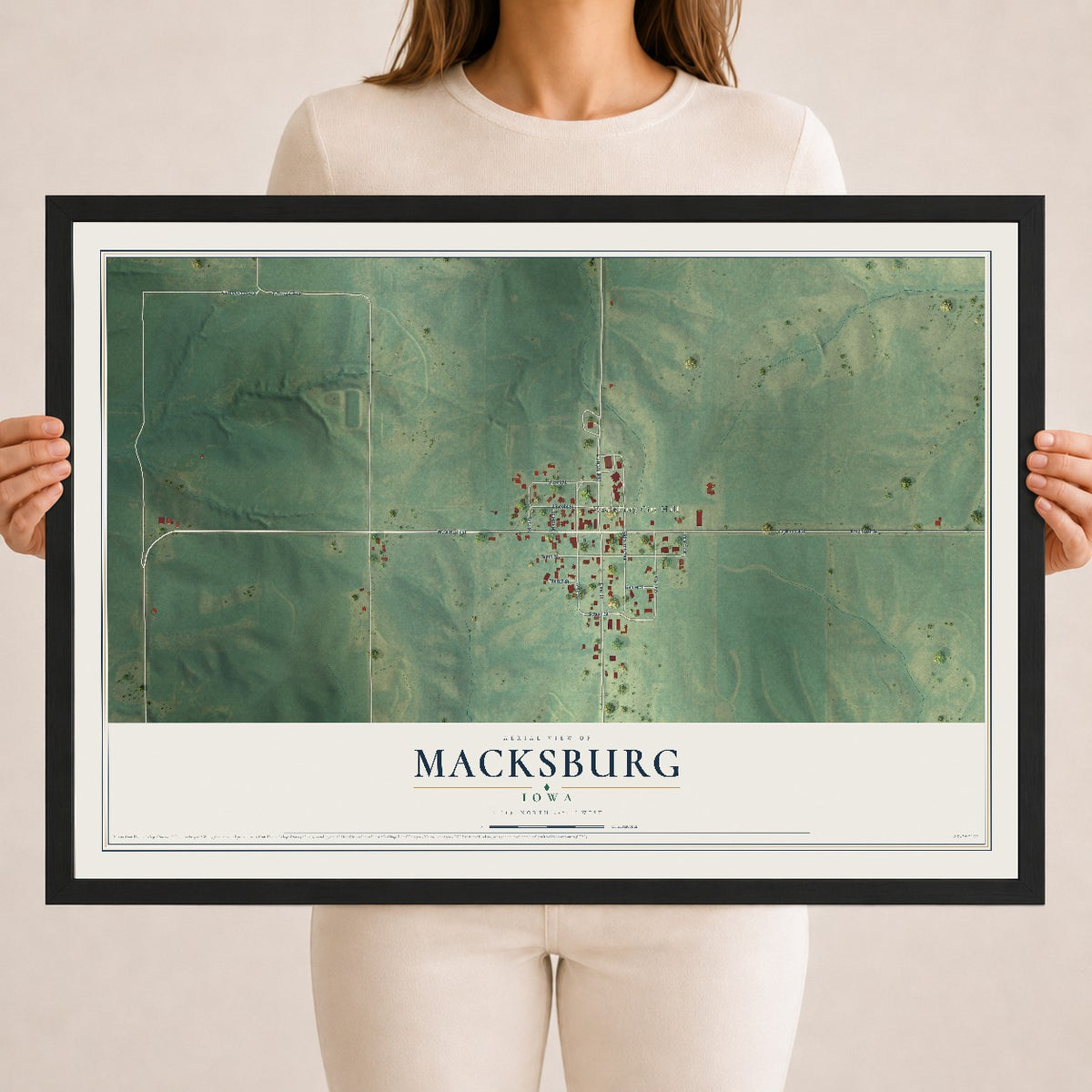 Map of Macksburg, Iowa, 18 x 24 inch print in a black wood frame