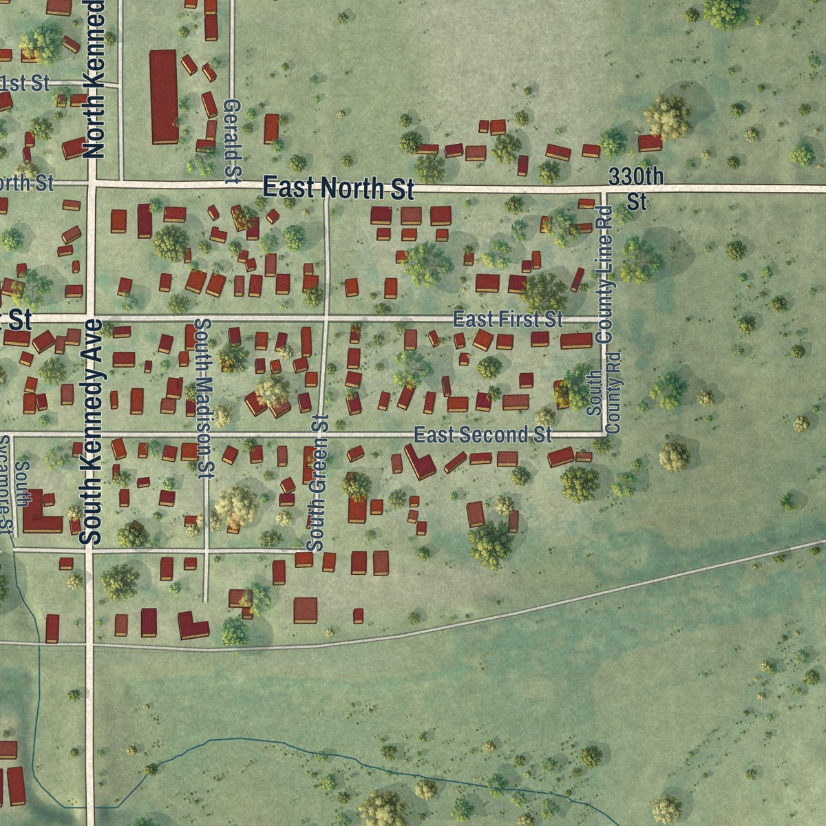 Second close-up of the map of Madrid, Iowa print showing more streets and buildings