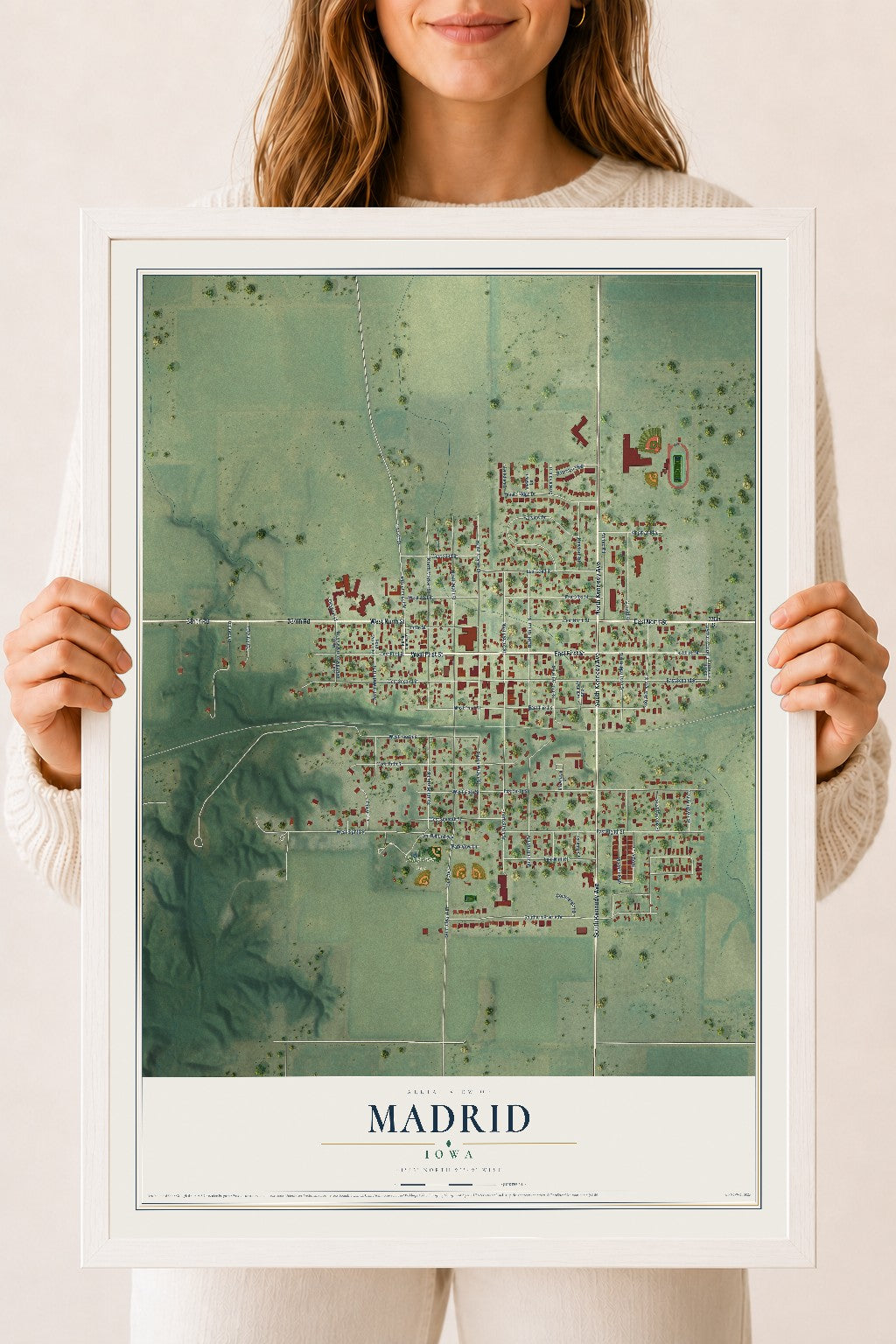 Map of Madrid, Iowa, 18 x 24 inch print in a white wood frame