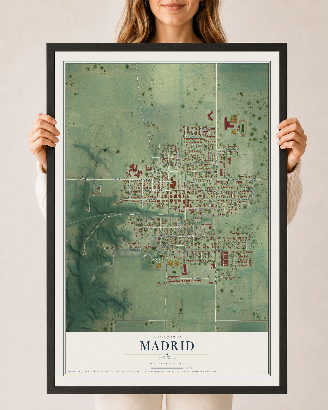 Map of Madrid, Iowa, 24 x 36 inch print in a black wood frame
