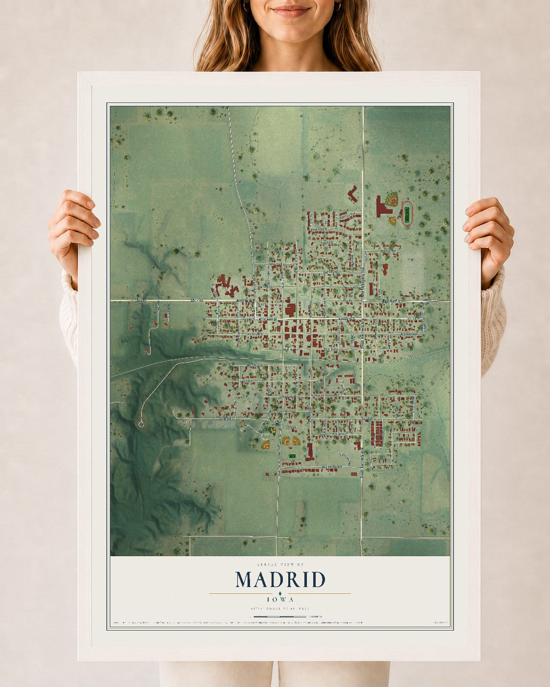 Map of Madrid, Iowa, 24 x 36 inch print in a white wood frame