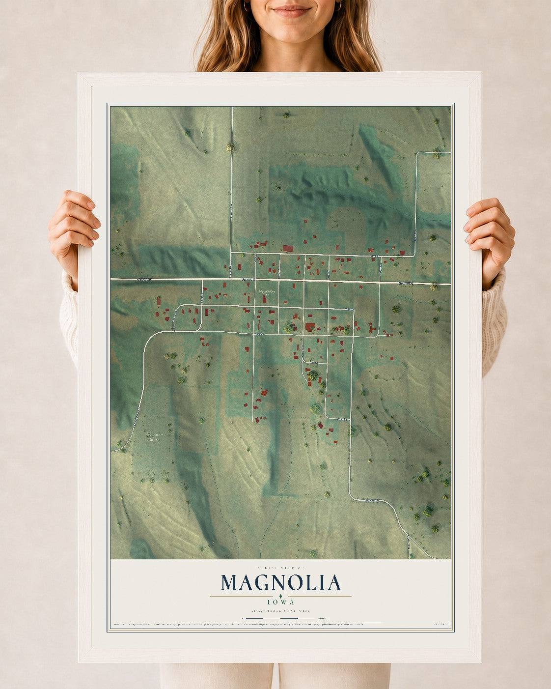 Map of Magnolia, Iowa, 24 x 36 inch print in a white wood frame