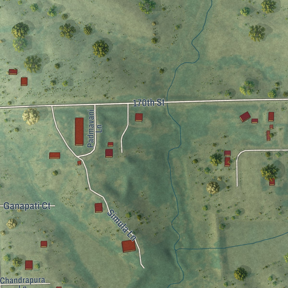 Second close-up of the map of Maharishi Vedic City, Iowa print showing more streets and buildings