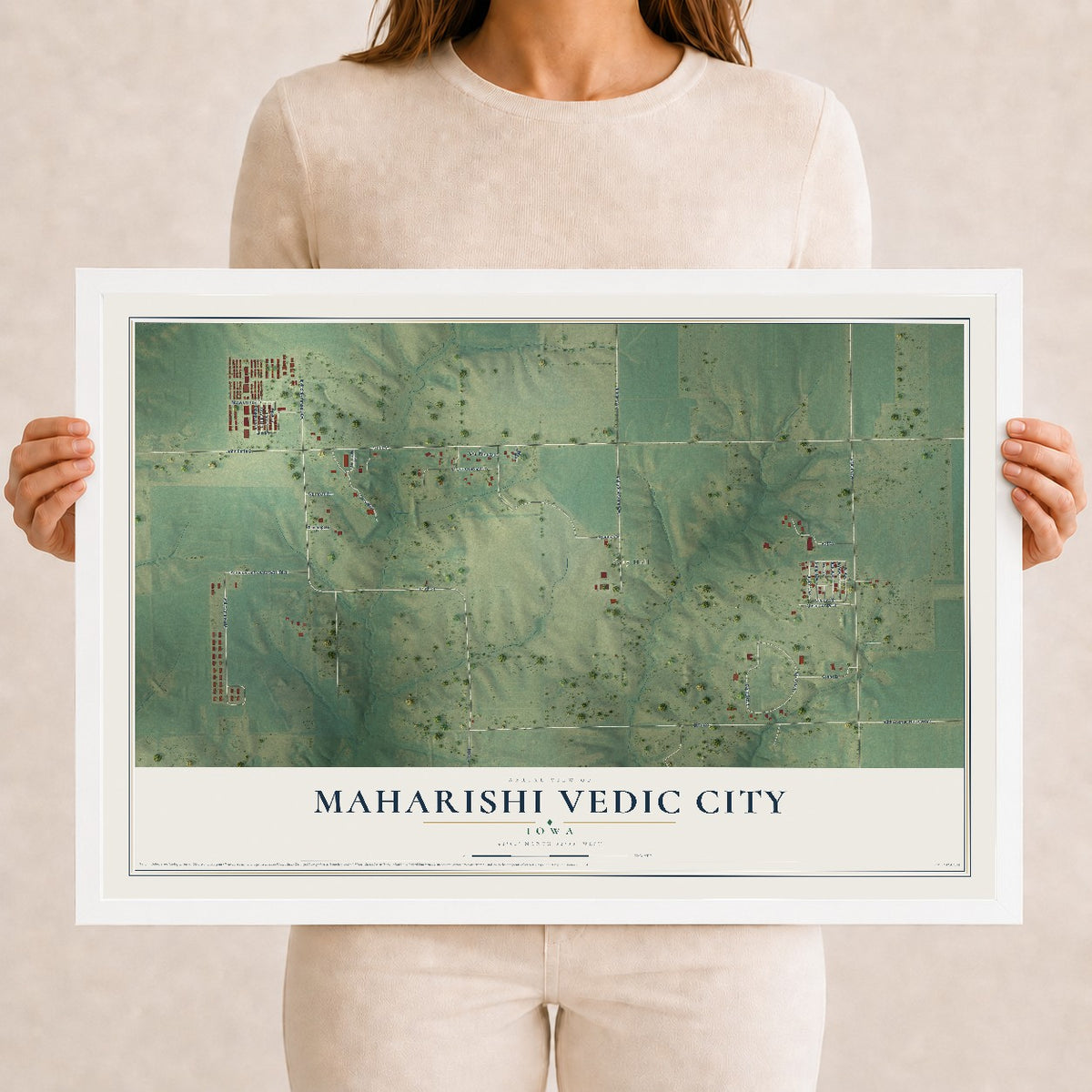 Map of Maharishi Vedic City, Iowa, 12 x 18 inch print in a white wood frame