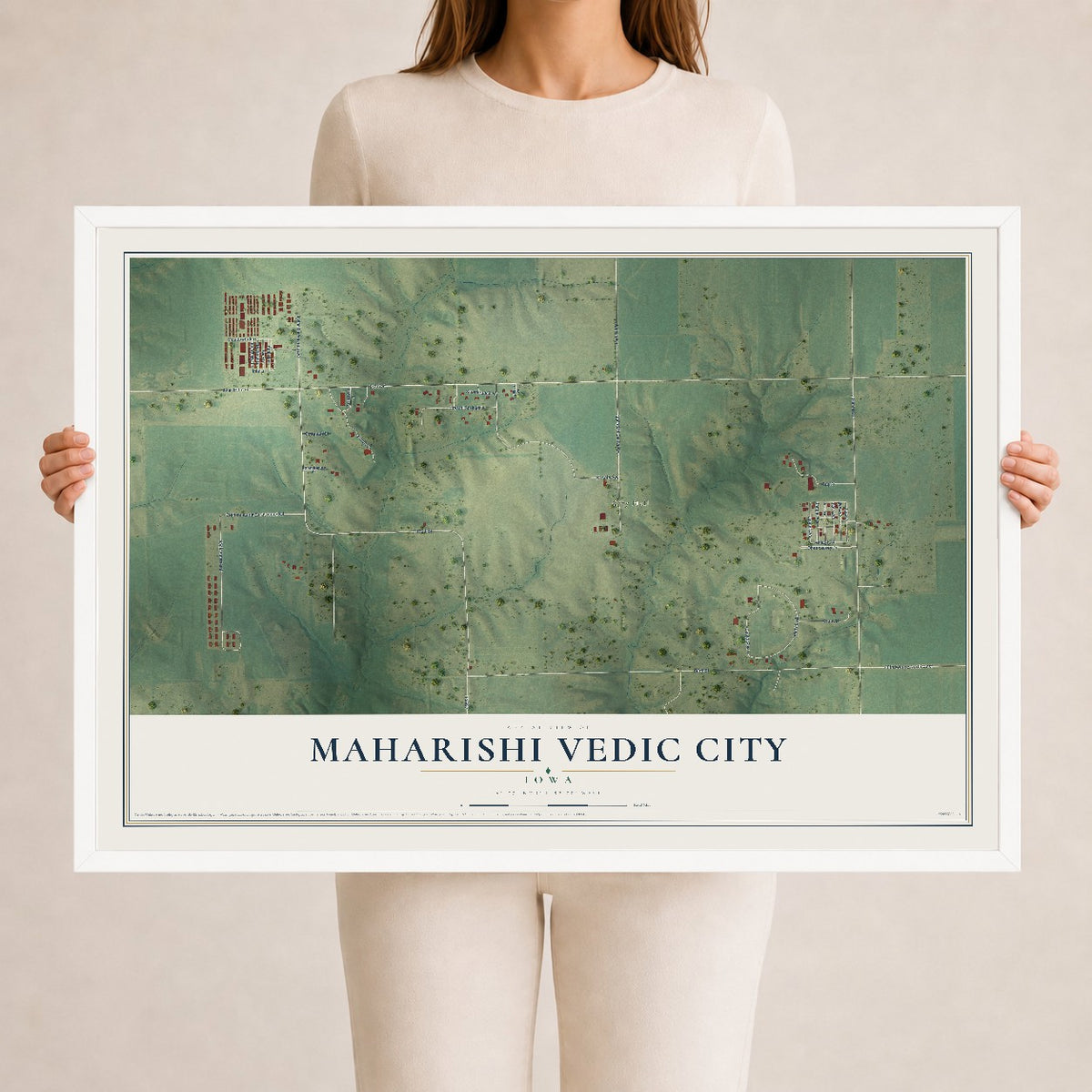 Map of Maharishi Vedic City, Iowa, 24 x 36 inch print in a white wood frame