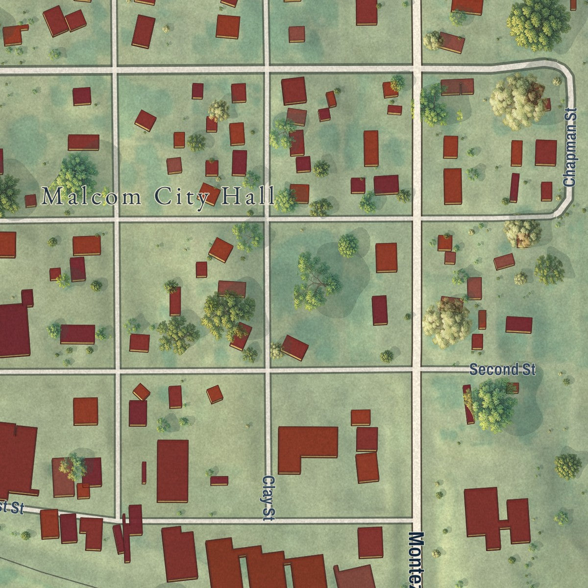 Close-up of the map of Malcom, Iowa print showing street and building detail
