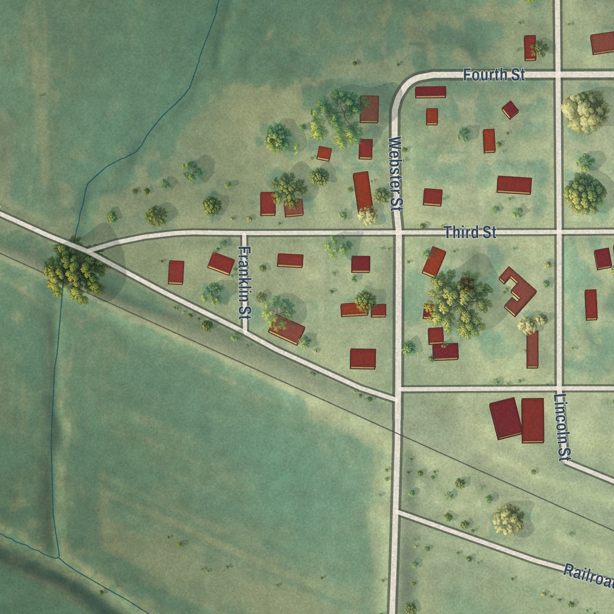 Second close-up of the map of Malcom, Iowa print showing more streets and buildings