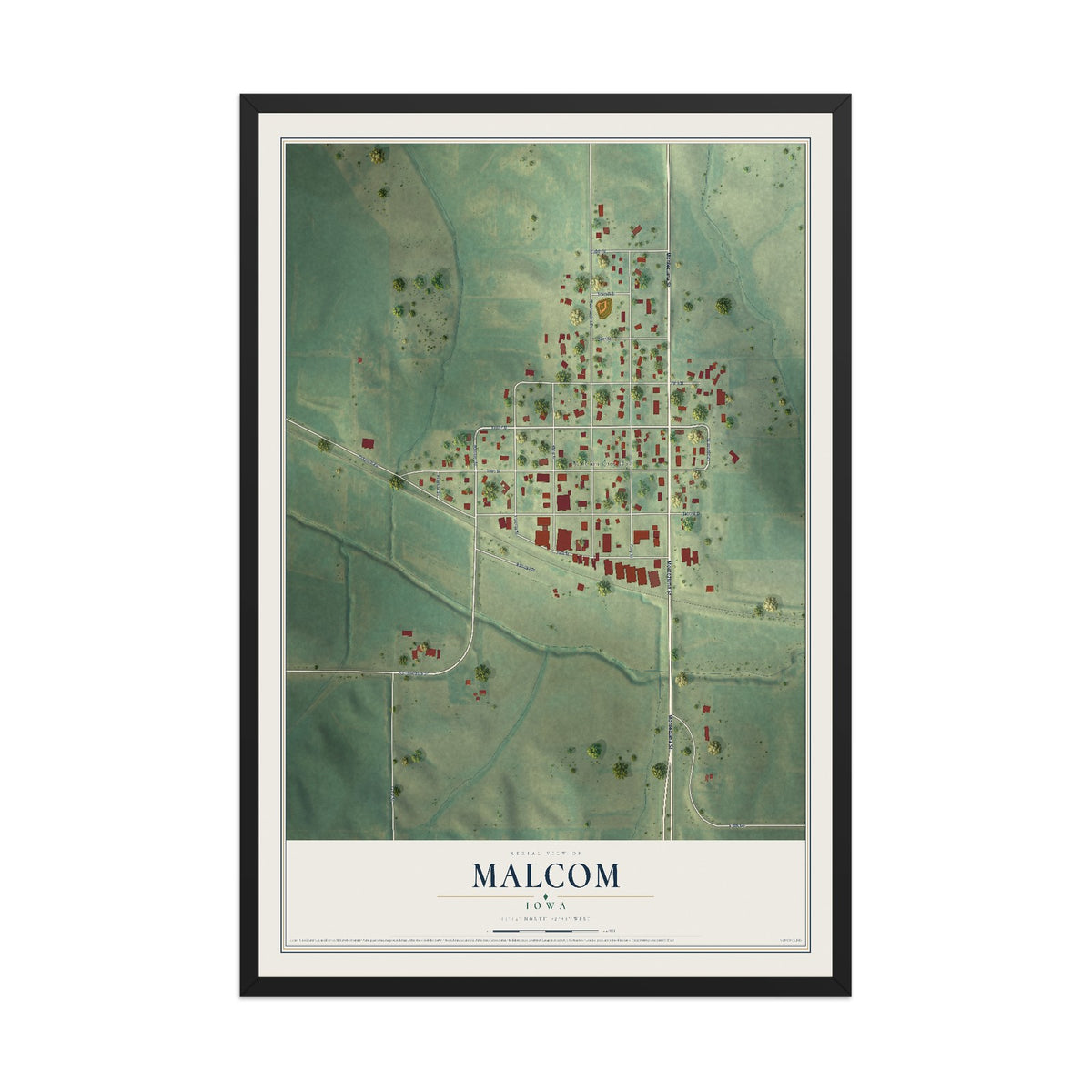 Map of Malcom, Iowa, 12 x 18 inch print in a black wood frame